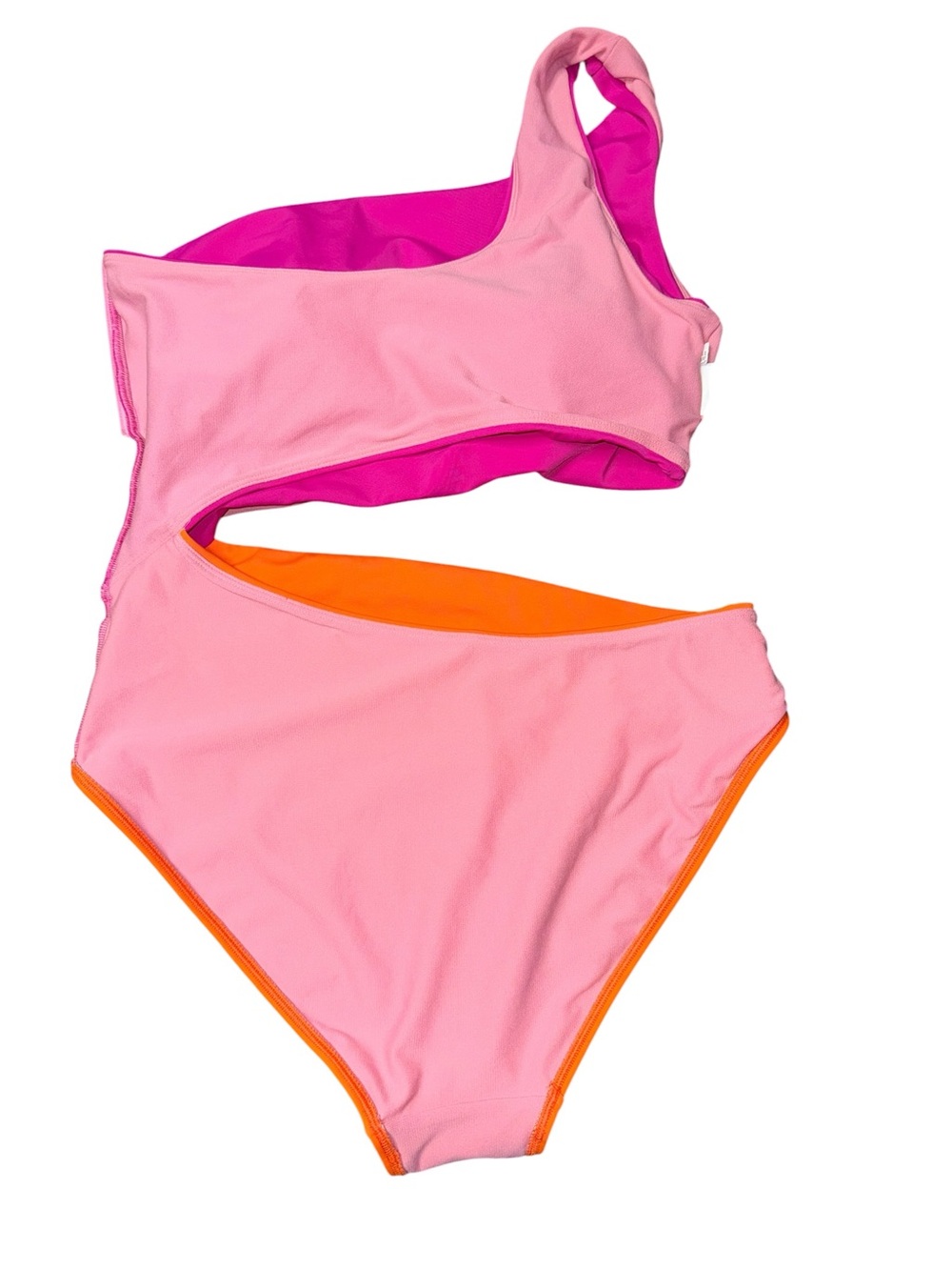 Boden One Shoulder Cut Out Swimsuit Hot Pink Bright Orange Colorblock Sz 12 - Picture 9 of 11